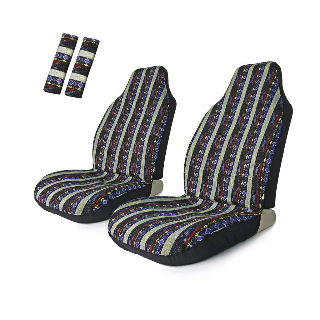  [AUSTRALIA] - Copap 4pc Universal Baja Bucket Front Seat Cover Stripe Colorful with Seat-Belt Pad Protect for Car, SUV & Truck (2 seat Covers+2 seat Belt Covers) Style E