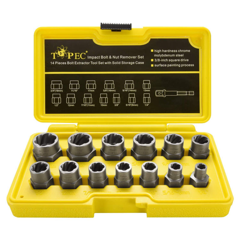  [AUSTRALIA] - Topec Impact Bolt & Nut Remover Set 13+1 Pieces, Nut Extractor Socket, Bolt Remover Tool Set with Hex Adapter