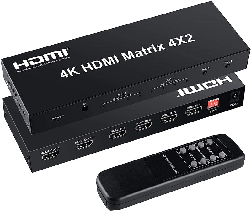  [AUSTRALIA] - FERRISA 4x2 HDMI Matrix Switch,4 in 2 Out Matrix HDMI Video Switcher Splitter +Optical & L/R Audio Output,Support Ultra HD 4K,3D 1080P,Audio EDID Extractor with IR Remote Control 4K@30Hz