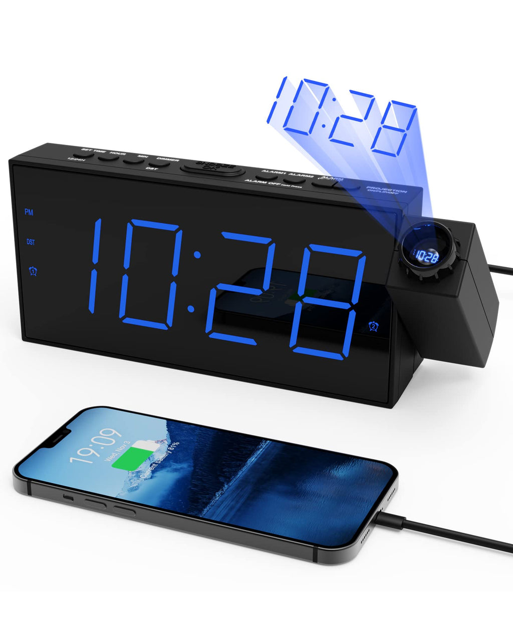  [AUSTRALIA] - Projection Alarm Clock for Bedroom,LED Digital Clock Projection on Ceiling Wall with USB Phone Charging,Battery Backup,180°Projector& Dimmer,12/24H,DST,Snooze,Dual Loud Bedside Clock for Heavy Sleeper Blue