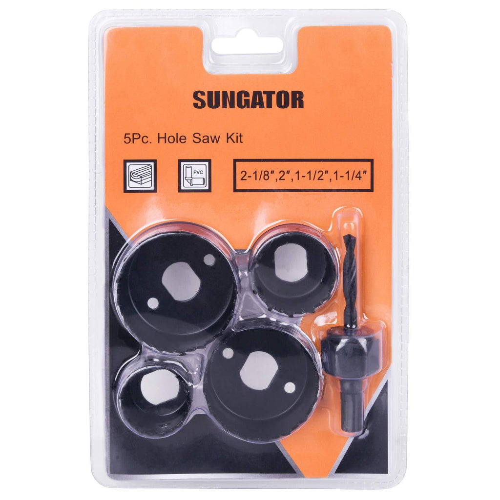 Hole Saw Kit, SUNGATOR 5-Piece Set. Specially Constructed Heat Treated Carbon Steel, High Precision Cutting Teeth. Cut Clean, Smooth, and Precise Holes Through Wood, Plastic, PVC Board and Drywall. - LeoForward Australia