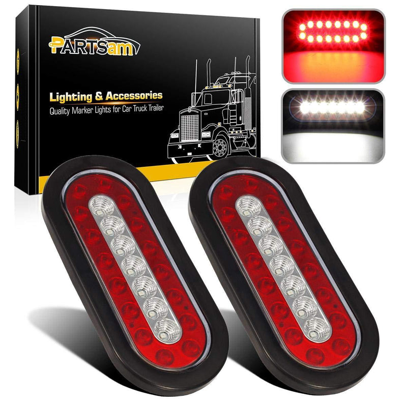  [AUSTRALIA] - Partsam 2Pcs 6.3" inch Oval Truck Trailer Led Tail Stop Brake Lights Taillights Running Red and White Backup Reverse Lights, Sealed 6.3 inch Oval led Trailer Tail Lights w reflectors Flush Mount