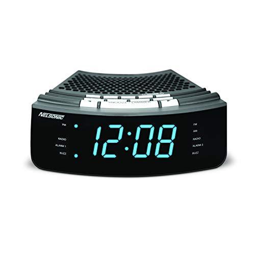 Nelsonic AM/FM Clock Radio – Built in Aux Cord – 10 FM and 10 AM Preset Station Choices – Wake to Music - Dual Alarm and Large Blue LED Display - LeoForward Australia