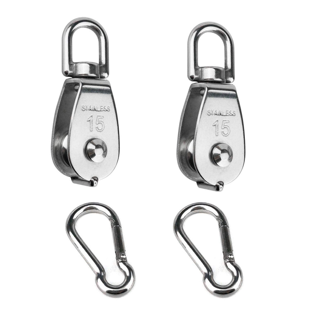  [AUSTRALIA] - Hamineler 2PCS 304 Stainless Steel Single Pulley Block M15, Wire Rope Crane Pulley Block Hanging Wire Towing Wheel with 2PCS Spring Snap Hook