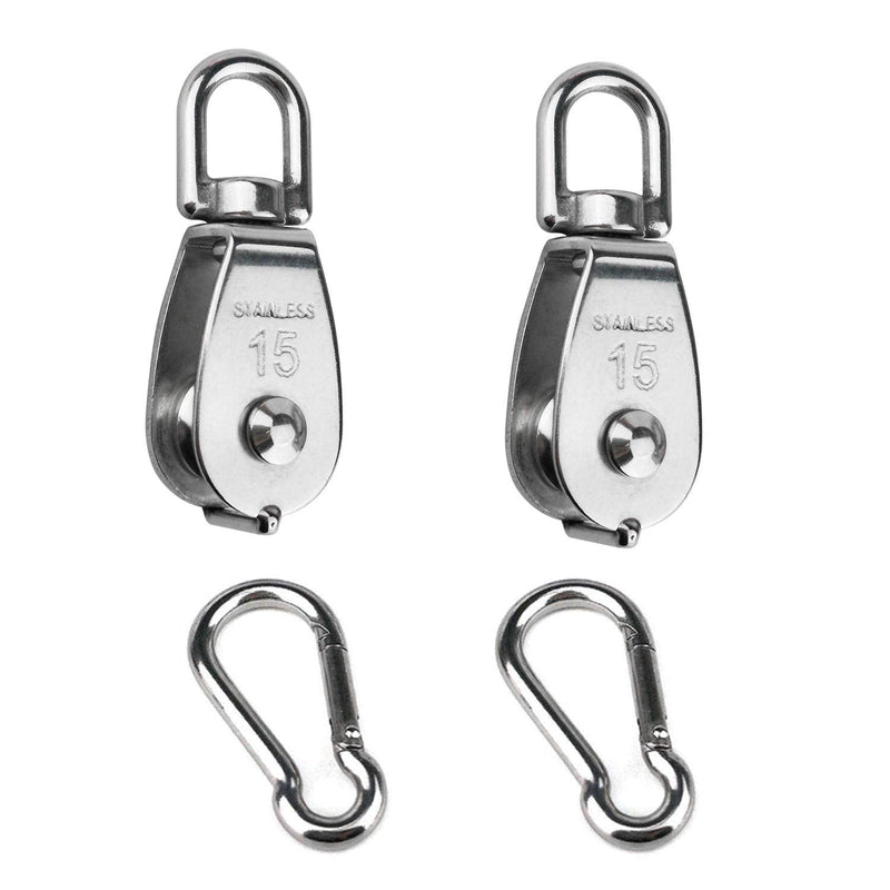  [AUSTRALIA] - Hamineler 2PCS 304 Stainless Steel Single Pulley Block M15, Wire Rope Crane Pulley Block Hanging Wire Towing Wheel with 2PCS Spring Snap Hook