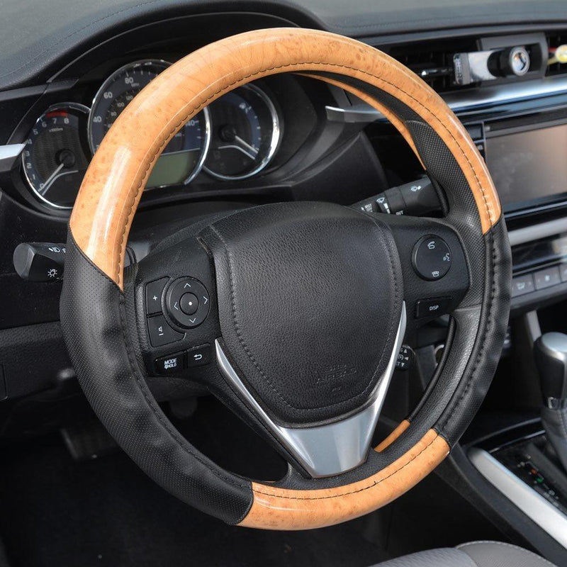  [AUSTRALIA] - BDK ACDelco 2 Tone - Black/Light Wood Grain Soft Microfiber Leather Steering Wheel Cover for Standard Sizes 14.5 15 15.5 2 Tone - Black / Light Wood