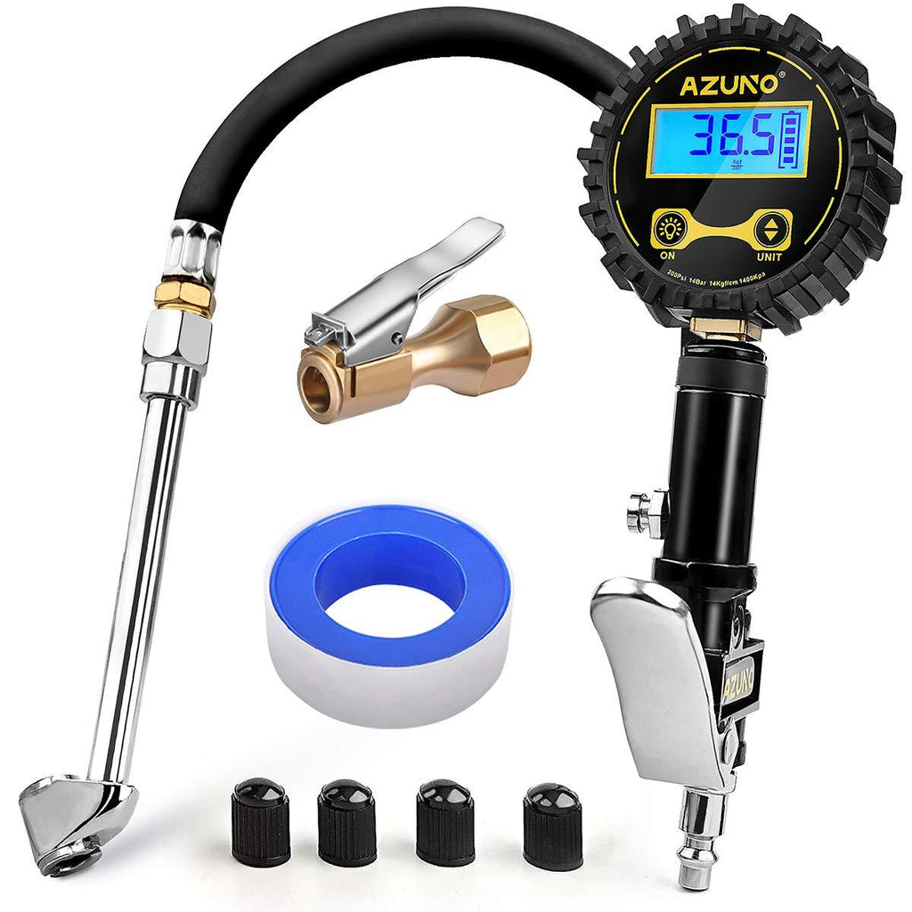 AZUNO Digital Tire Inflator with Pressure Gauge, 200 PSI Heavy Duty Air Compressor Accessories, w/Rubber Hose Lock on Air Chuck and Quick Connect Coupler 0.5 Res with 2 Chucks - LeoForward Australia