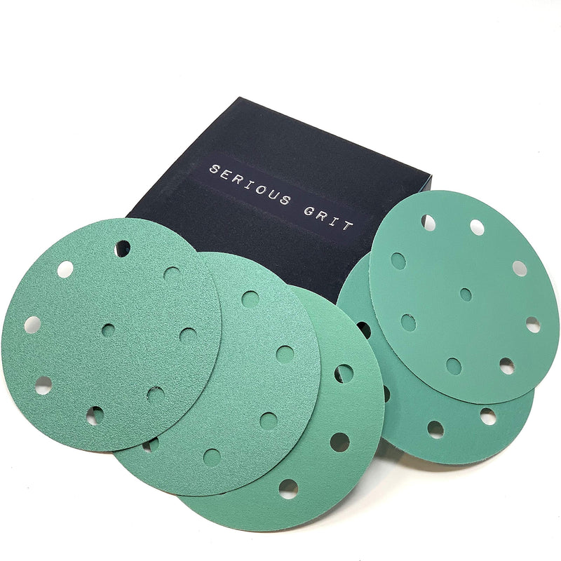  [AUSTRALIA] - Serious Grit 5-Inch 9-Hole, 80, 120, 150, 180, 220 Assorted Grit Sanding Discs - Premium Hook and Loop Heavy Duty Sandpaper Assortment for Random Orbital Sanders - 50 Pack Box Mixed Grit
