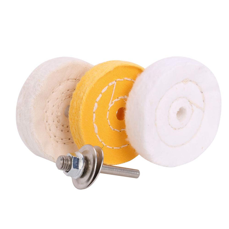  [AUSTRALIA] - SCOTTCHEN 3 Inch Ultra fine Cotton 1 Treated Yellow Cotton 1 Fine Cotton 1 Buffing Polishing Wheel 2/5 inch Arbor Hole for Mini Bench Grinder with one 1/4" Shank for Drill 3pcs