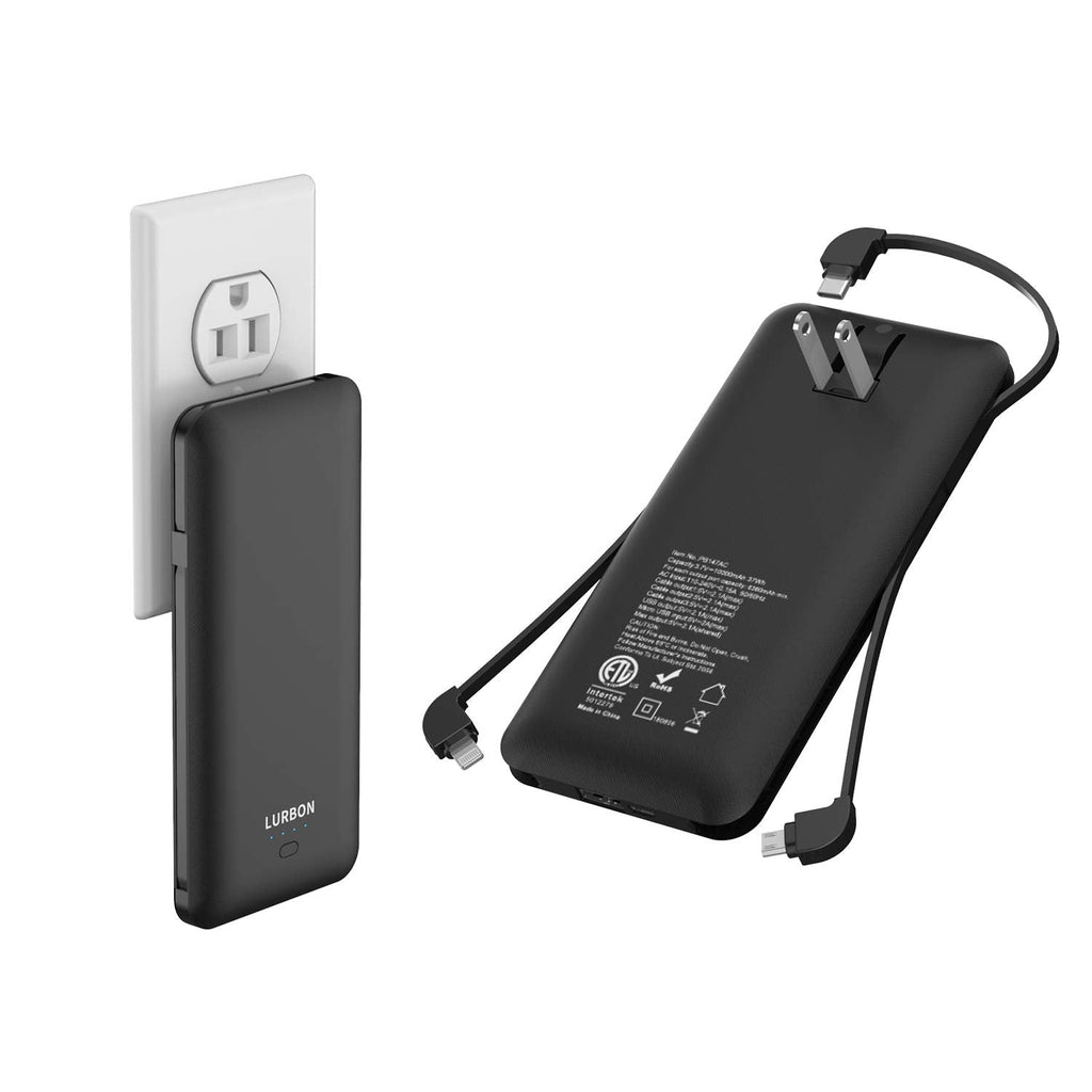  [AUSTRALIA] - 10000 mAh Portable Charger Power Bank Ultra Slim External Battery Pack with Built in AC Plug, Type-c Cable,Micro Cable and Other Cable for Cell Phone