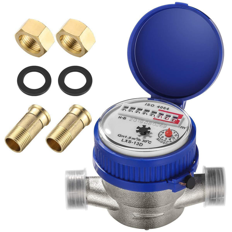 15mm 1/2 inch Cold Water Meter with Fittings for Garden & Home Usage Metering Applications Gardening Accessories - LeoForward Australia