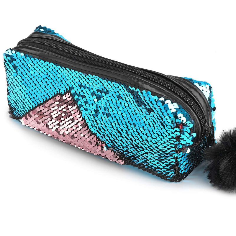 Glitter Cosmetic Bag Mermaid Spiral Reversible Sequins Portable Double Color Students Pencil Case for Girls Women Handbag Purse Make Up Pouch with Pompon Zip Closure(Blue+Pink) - LeoForward Australia
