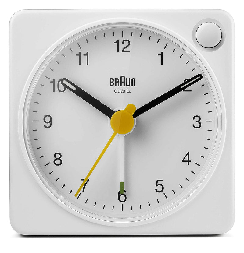  [AUSTRALIA] - Braun Classic Travel Analogue Clock with Snooze and Light, Compact Size, Quiet Quartz Movement, Crescendo Beep Alarm in White, Model BC02XW, One