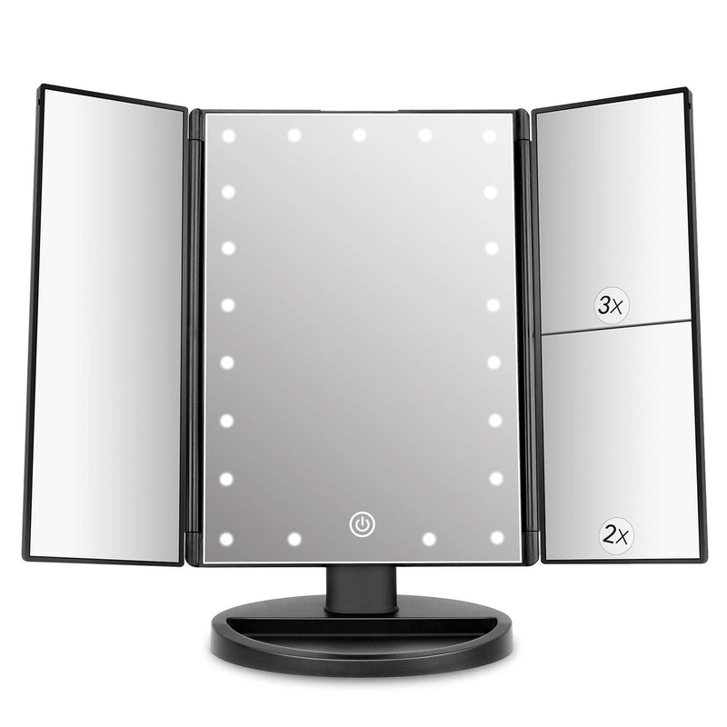  [AUSTRALIA] - deweisn Tri-Fold Lighted Vanity Mirror with 21 LED Lights, Touch Screen and 3X/2X/1X Magnification, Two Power Supply Mode Make up Mirror,Travel Mirror Black