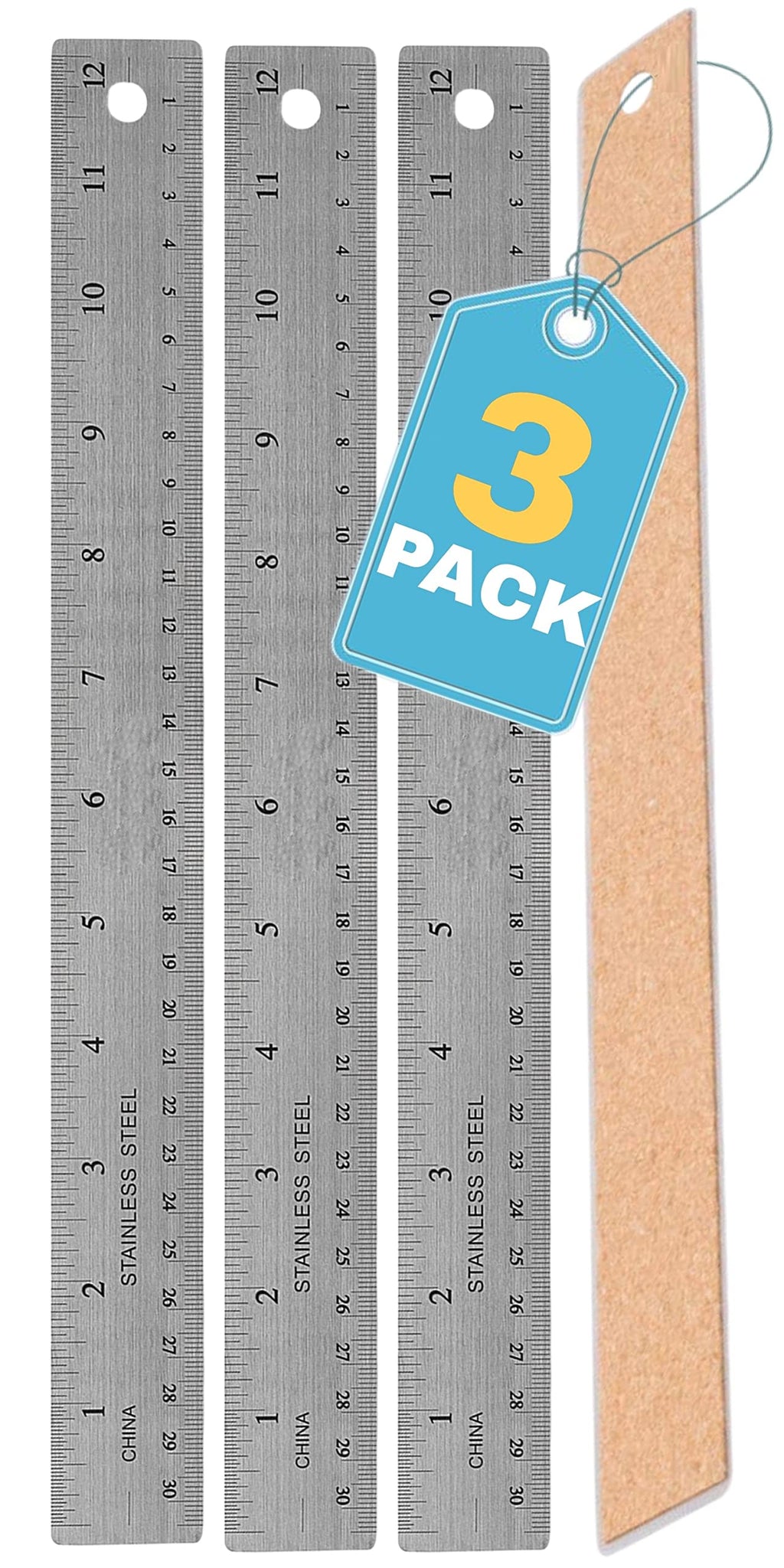  [AUSTRALIA] - 1InTheOffice Metal Ruler 12 Inch, Stainless Steel 12 Inch Ruler with Cork Back and Hanging Hole - 1/16" Standard Scale Metal Ruler 12 inch - 3 Pack