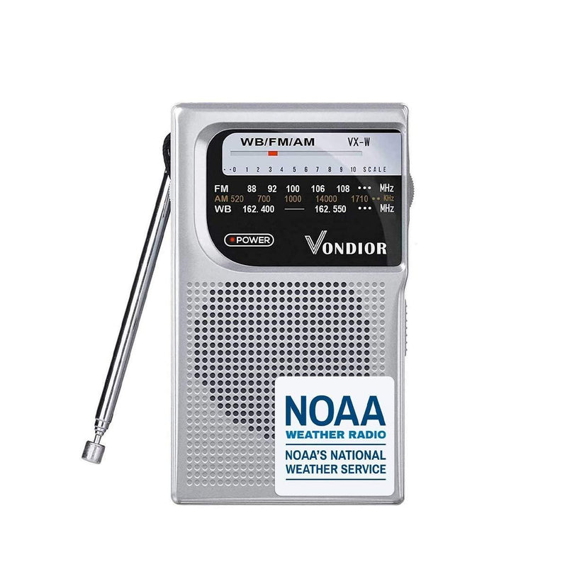  [AUSTRALIA] - NOAA Weather Radio - Emergency NOAA/AM/FM Battery Operated Portable Radio with Best Reception and Longest Lasting Transistor. Powered by 2 AA Battery with Mono Headphone Socket, by Vondior (Silver) Silver