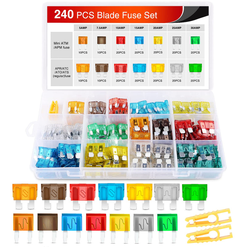  [AUSTRALIA] - Nilight - 50018R 240pcs Standard and Mini Blade Fuses Set,5A 7.5A 10A 15A 20A 25A 30A ATC APR ATO ATS Standard and ATM APM Mini Automotive Blade Fuse Assortment Kit,2 Years Warranty 240PCS Blade Fuses
