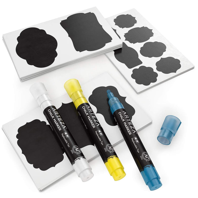 Arteza 150 Chalkboard Labels + 3 Colored Chalk Markers - Removable Chalk Labels for Jars - Waterproof Mason Jar Stickers 3 Colors - LeoForward Australia