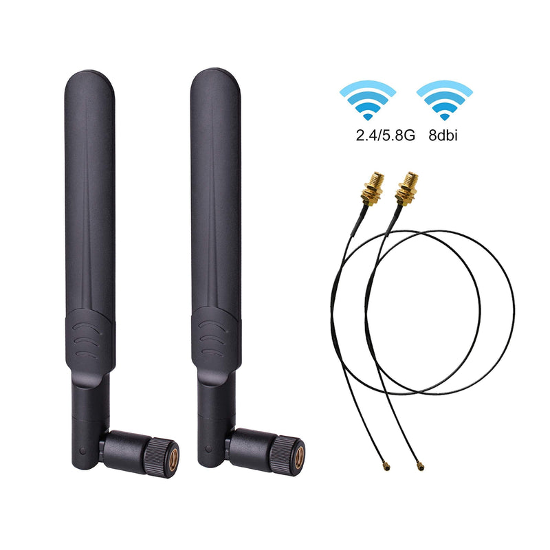 2 x 8dBi 2.4GHz 5GHz 5.8GHz Dual Band WiFi RP-SMA Male Antenna+2 x 35CM U.FL/IPEX to RP SMA Female Pigtail Cable for Mini PCIe Card Wireless Routers PC Repeater Desktop FPV UAV Drone PS4 Build - LeoForward Australia