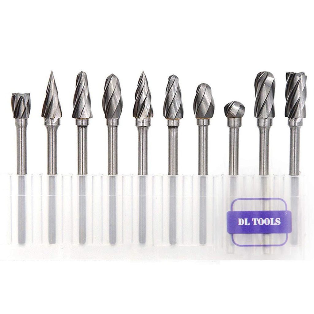 DLtools 10pcs Aluma Cut Tungsten Carbide Rotary Burr Set, Metal Carving Drilling Polishing Cutter Bits with 1/8"(3mm) Shank and 1/4"(6mm) Head Dia for Die Grinder Drill Aluminum and Wood Aluma Cut Burr Set - LeoForward Australia