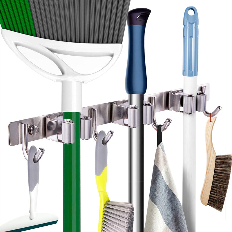  [AUSTRALIA] - Mop Broom Holder Heavy Duty Hooks Hanger Wall Mount 17” Stainless Steel Organizer for Home Laundry Bathroom Kitchen Garage Garden Utility Tools Rack Storage Durable Piyl 3 Racks 4 Hooks Brushed Steel