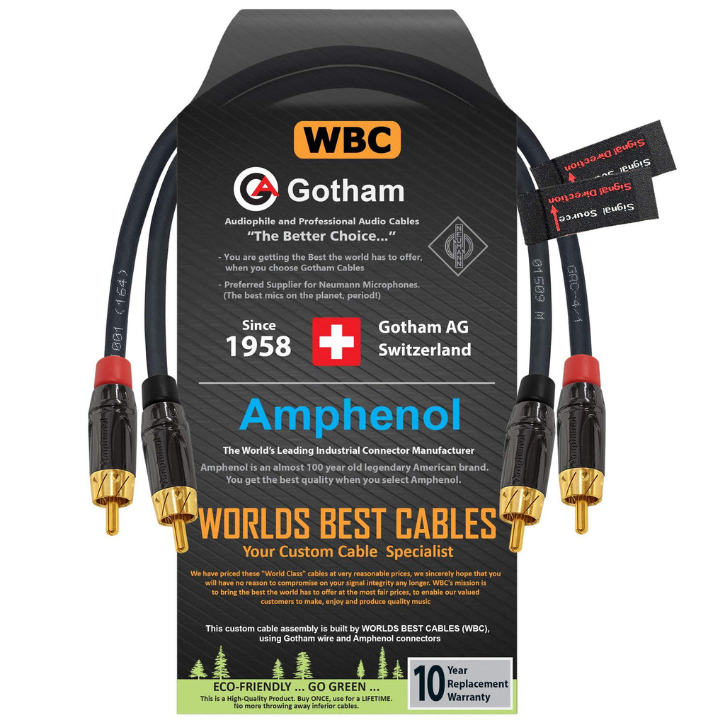 1 Foot RCA Cable Pair - Gotham GAC-4/1 (Black) Star-Quad Audio Interconnect Cable with Amphenol ACPL Black Chrome Body, Gold Plated RCA Connectors - Directional - LeoForward Australia