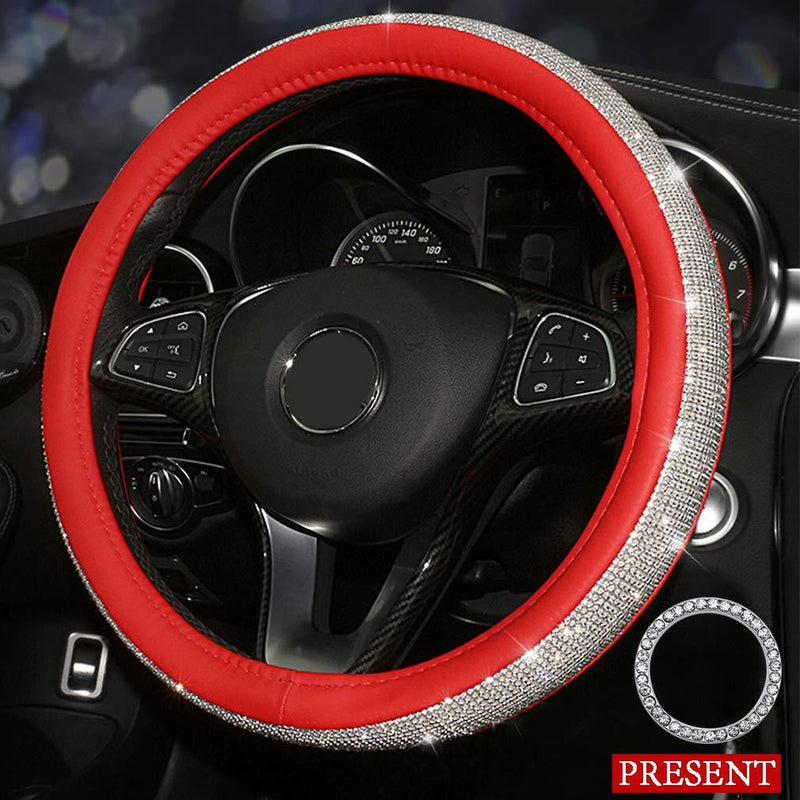  [AUSTRALIA] - coofig New Girly Diamond Steering Wheel Cover,with Soft PU Leather Bling Bling Rhinestones,15"（Red-White Diamond）