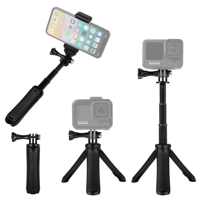  [AUSTRALIA] - Taisioner Mini Selfie Stick Tripod Kit Two in One Compatible with GoPro AKASO Action Camera and Cell Phone Accessories Black