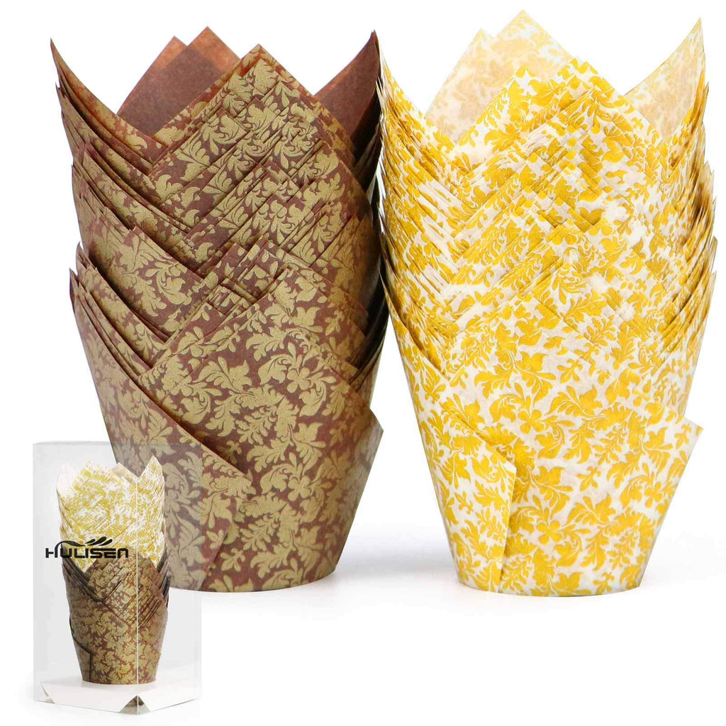  [AUSTRALIA] - HULISEN 100 Pcs Tulip Cupcake Liners, 2 Colors Premium Greaseproof Paper Baking Cups, Muffin Liners for Wedding, Baby Showers, Party, Brown and White Golden Leaf Model 100Pcs (2 Colors)