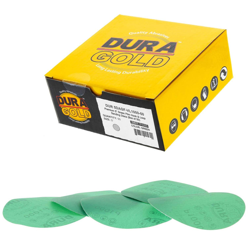  [AUSTRALIA] - Dura-Gold Premium 5" Green Film Sanding Discs - 1000 Grit (Box of 50) - Hook & Loop Backing Sandpaper Discs for DA Sanders, Finishing Extra Fine Cut Abrasive - Sand Automotive Paint, Woodworking Wood 1000-Grit