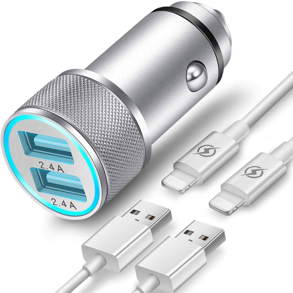 TIKALONG Car Charger Compatible with iPhone 11/12 /XR/XS/X/Pro Max 8/7/6/6S Plus 5S/5C/SE2, iPad Air Mini Pro (2.4A Dual Port USB Car Charger with 2X 3ft Charging Cable) (3in1 Pack) - LeoForward Australia