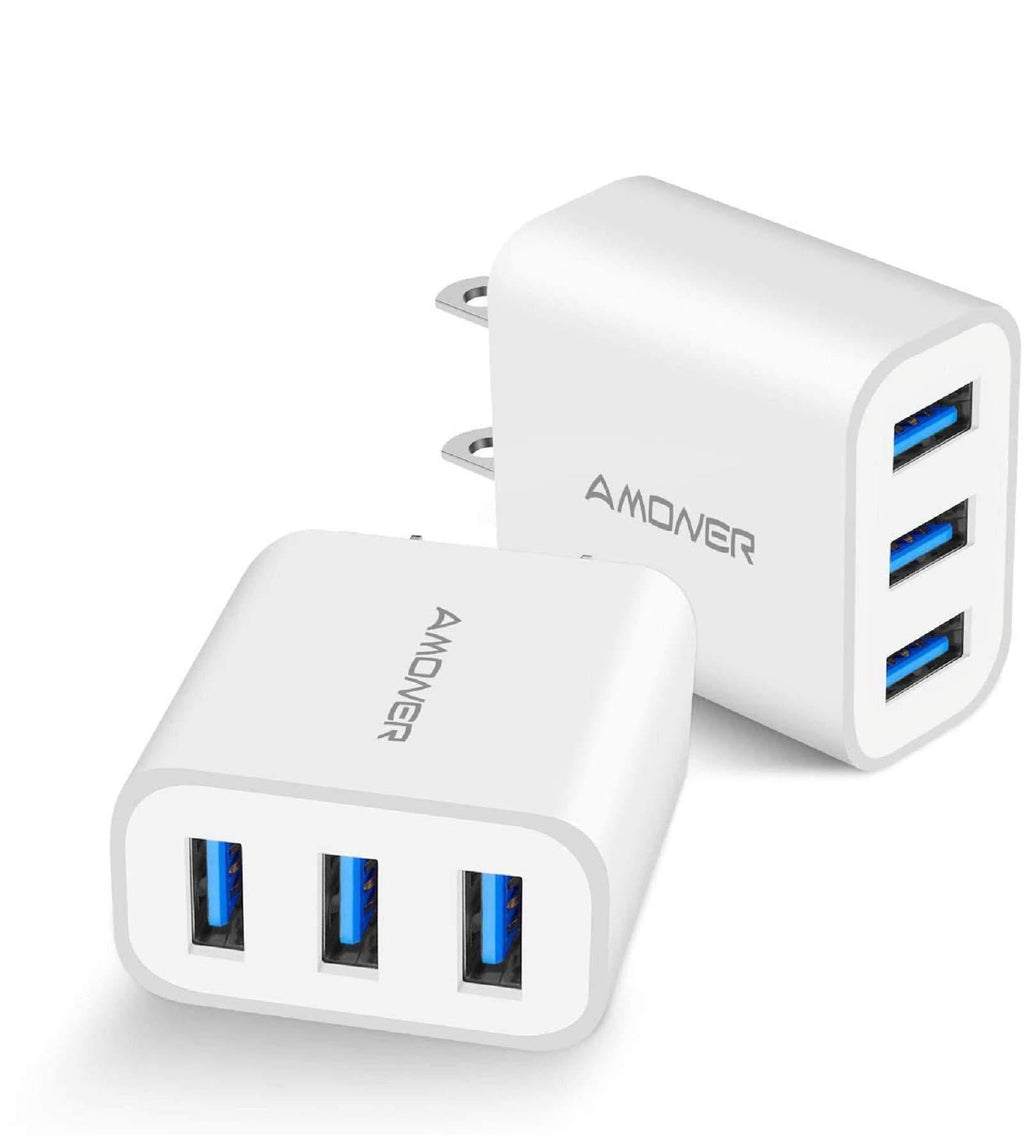  [AUSTRALIA] - Wall Charger, Amoner Upgraded 2Pack 15W 3-Port USB Plug Cube Portable Wall Charger Plug for iPhone 12mini/12/11/Pro/ProMax/Xs/XR/X/8/7, iPad Pro/Air 2, Galaxy10/9, Note10/9, and More White