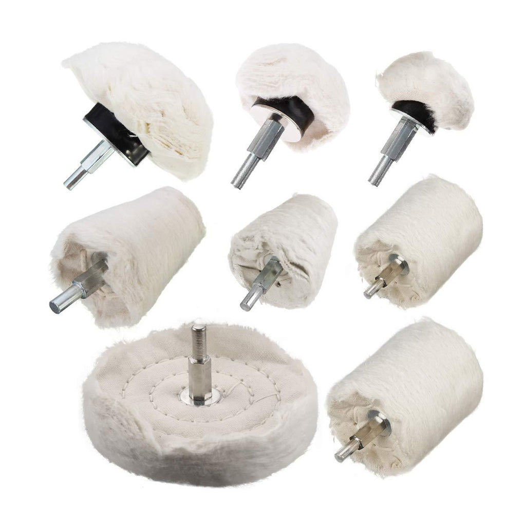  [AUSTRALIA] - TONGTU Polishing Wheel - 8Pcs White Flannelette Polishing Wheel Cone/Column/Mushroom/T-Shaped Wheel Grinding Head with 1/4 Handle for Manifold/Aluminum/Stainless Steel/Chrome etc.