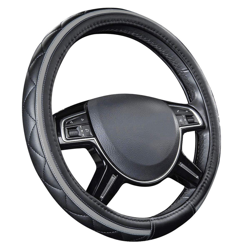  [AUSTRALIA] - CAR PASS Sporty Quilting Leather Universal Fit Steering Wheel Cover,Fit For Suvs,Vans,Sedans,Trucks(Black And Gray) Black And Gray
