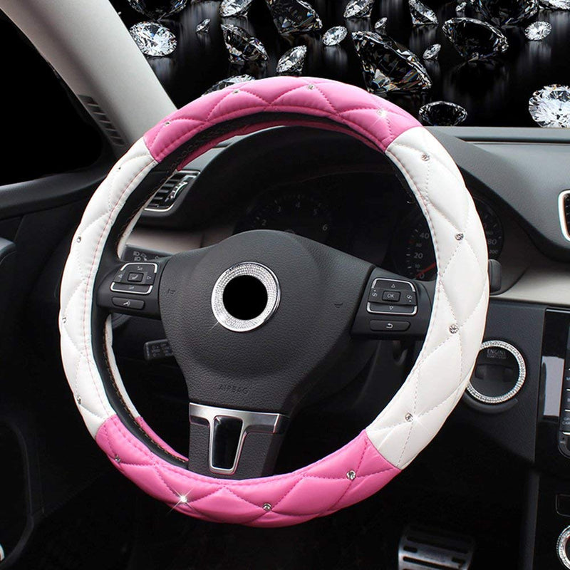  [AUSTRALIA] - eing Microfiber Leather Auto Car Steering Wheel Cover with Bling Crystals,Anti Slip 15 Inch Universal,White+Pink G-White+Pink