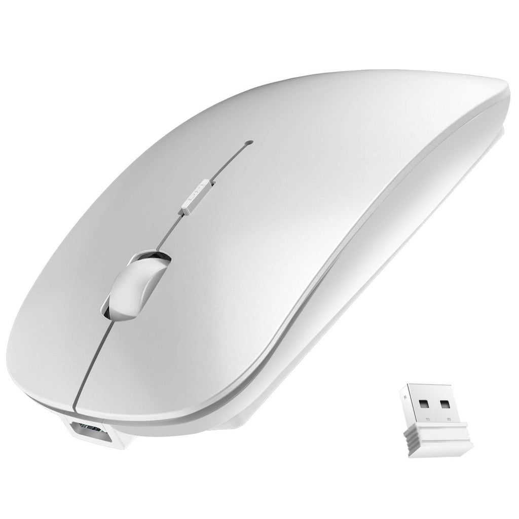 Rechargeable Wireless Mouse, 2.4G Slim Mute Silent Click Noiseless Optical Mouse with USB Receiver Compatible with Notebook, PC, Laptop, Computer, MacBook (Silver) Silver - LeoForward Australia