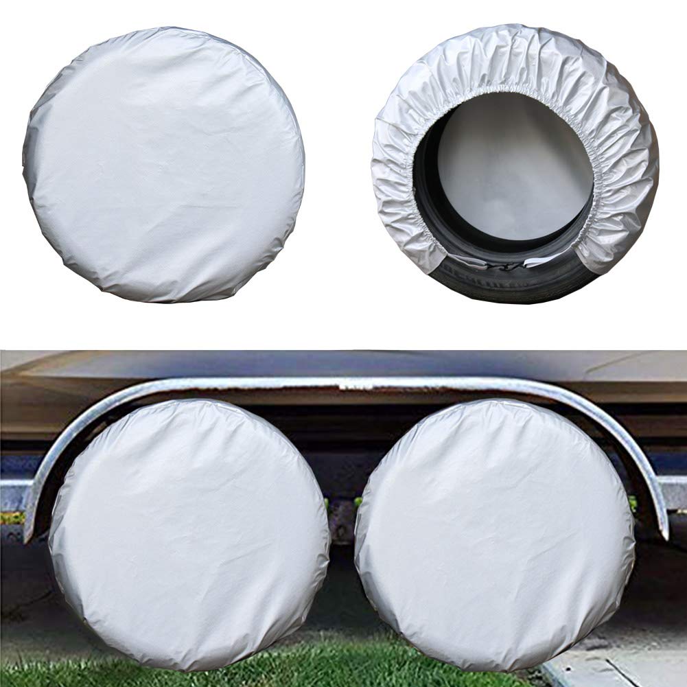  [AUSTRALIA] - Kayme Four Layers Tire Covers Set of 4 for Rv Travel Trailer Camper Vinyl Wheel, Sun Rain Snow Protector, Waterproof, Silver, Fits 33-35 Inch Tire Diameter XXL XXL 33-35 Inch Tire Diameters
