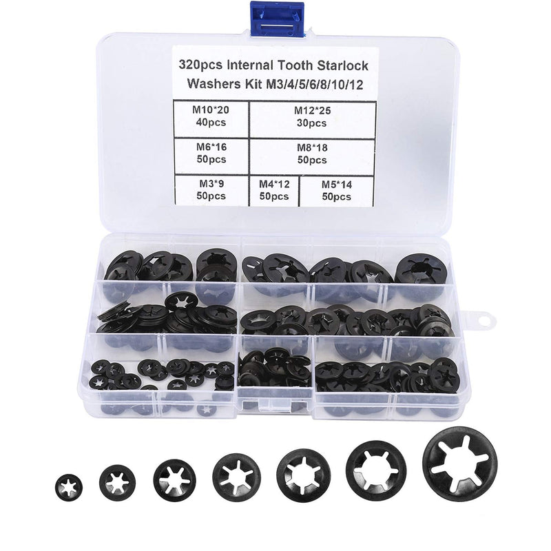  [AUSTRALIA] - HanTof 7 Sizes 320PCS Internal Tooth Starlock Washers,Quick Speed Locking Washers, Push On Retainers Clips,Push On Nut Fasteners Assortment Kit for Shaft and Stud,65Mn Spring Steel,Black Oxide Finish