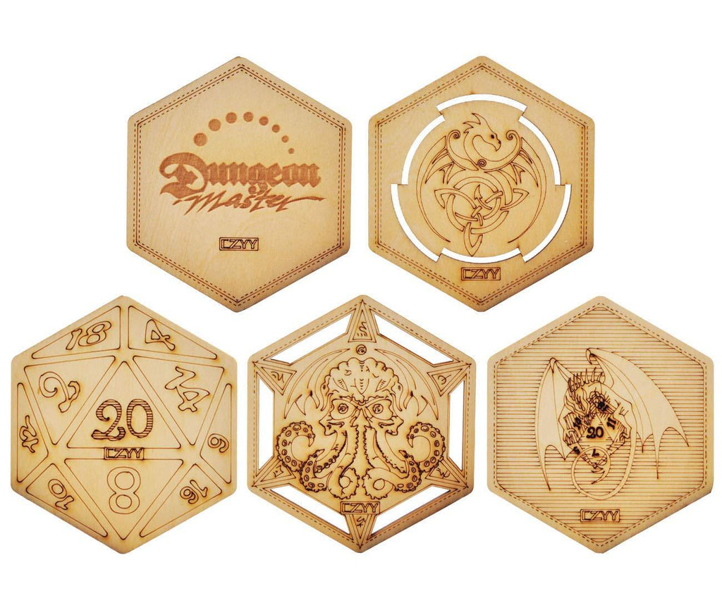  [AUSTRALIA] - D&D Decorative Wood Coasters Cool & Unique Table Mug Cup Mats Laser Engraved with Dragon, D20 and Cthulhu (Set of 5) D&d Elements