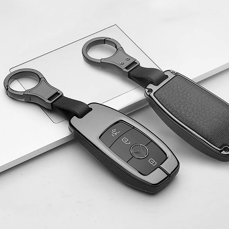 ontto Smart Car Key Fob Cover Holder Metal Key Shell Leather Key Case Skin 360 Degree Protection for Mercedes Benz E Class S Class W213 E400 E300 Black(1 keycover&1 Keychain) black key shell - LeoForward Australia