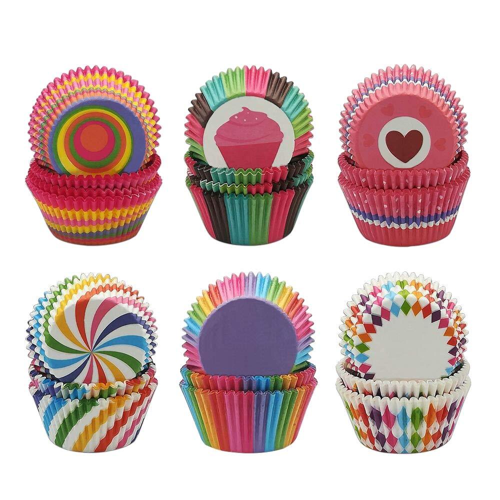  [AUSTRALIA] - Cupcake Liners, Disposable Paper Baking Cups Rainbow Cupcake Wrappers Nonstick Muffin Cases Molds, 6 Styles Cupcake Liners for Cake Balls, Muffins, Cupcakes and Candies, 600 Pack (Colorful) Colorful
