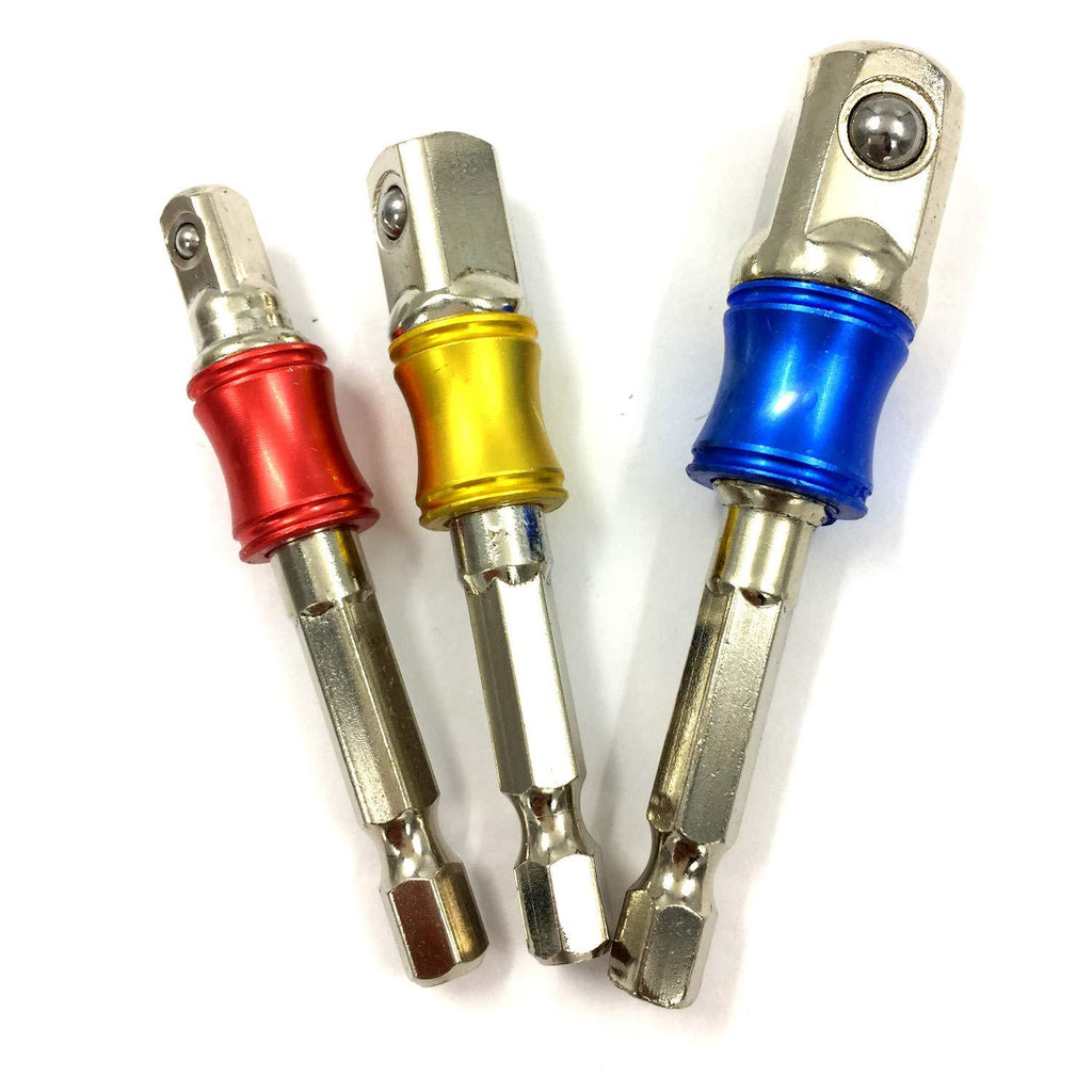  [AUSTRALIA] - PANOVOS 3pcs Impact Grade Socket Adapter/Extension Set Turns Power Drill Into High Speed Nut Driver,1/4-Inch Hex Shank to Drive for Adapters to Use with Drill Chucks, Sizes 1/4" 3/8" 1/2", Cr-V Standard or Quick Connect Chuck-Colour