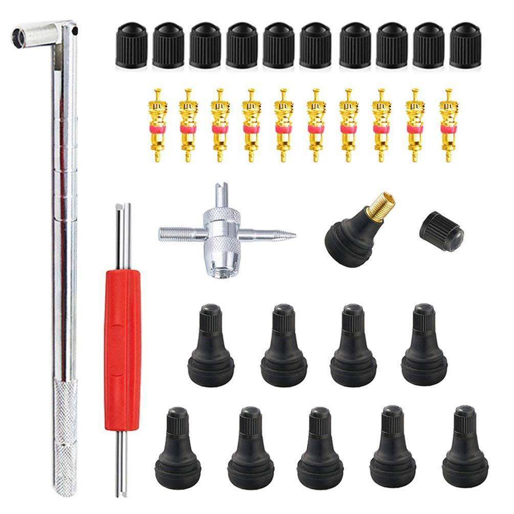  [AUSTRALIA] - ZHSMS Tyre Valve Stem Puller Tools Set with 10 Pcs TR412 Snap-in Valve Stems with Valve Stem Cores, 1 Pcs Dual Single Head Valve Core Remover 1 Pcs 4-Way Valve Tool