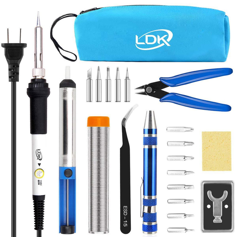  [AUSTRALIA] - LDK Full Set 60W Soldering Iron Kit, Adjustable Temperature with 5pcs Different Tips, Desoldering Pump, Stand, anti-static Tweezers, Solder Tube, Screwdriver, Cutter and Carry Bag for Repaired Usage 13-in-1