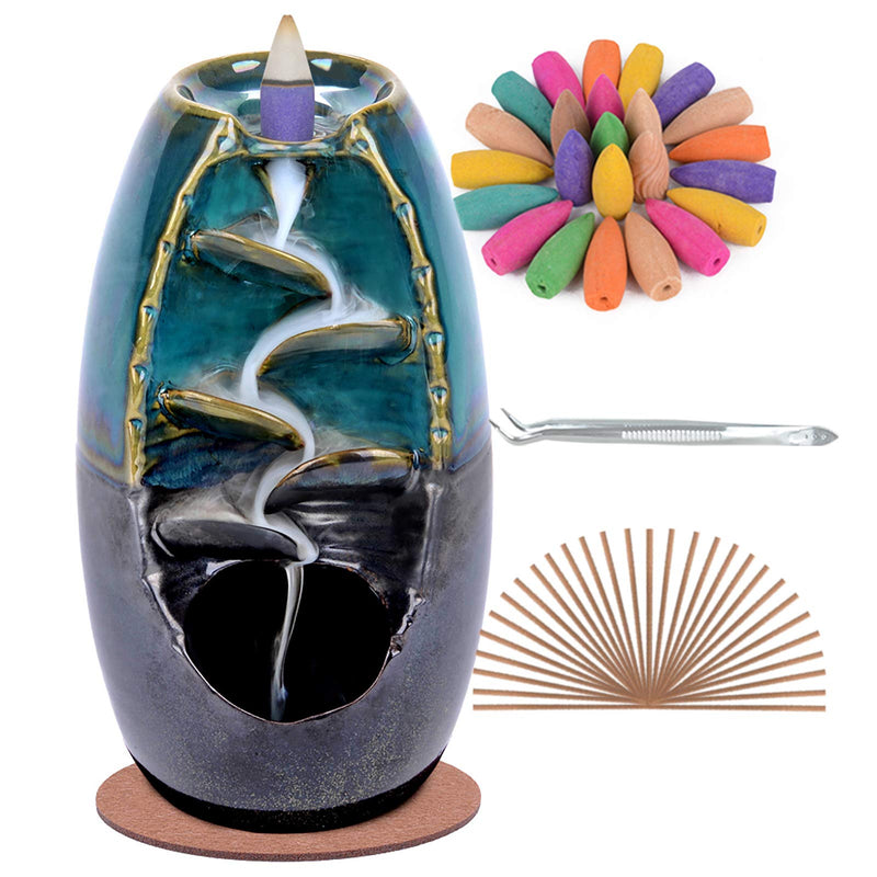  [AUSTRALIA] - SPACEKEEPER Ceramic Backflow Incense Holder Waterfall Incense Burner, with 120 Backflow Incense Cones + 30 Incense Stick, Aromatherapy Ornament Home Decor, Blue Set
