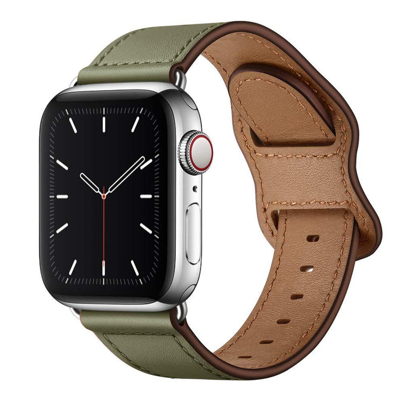 KYISGOS Compatible with iWatch Band 40mm 38mm 44mm 42mm, Genuine Leather Replacement Band Strap Compatible with Apple Watch SE Series 6 5 4 3 2 1 (Army Green/Silver, 40mm/38mm) Army Green/Silver - LeoForward Australia