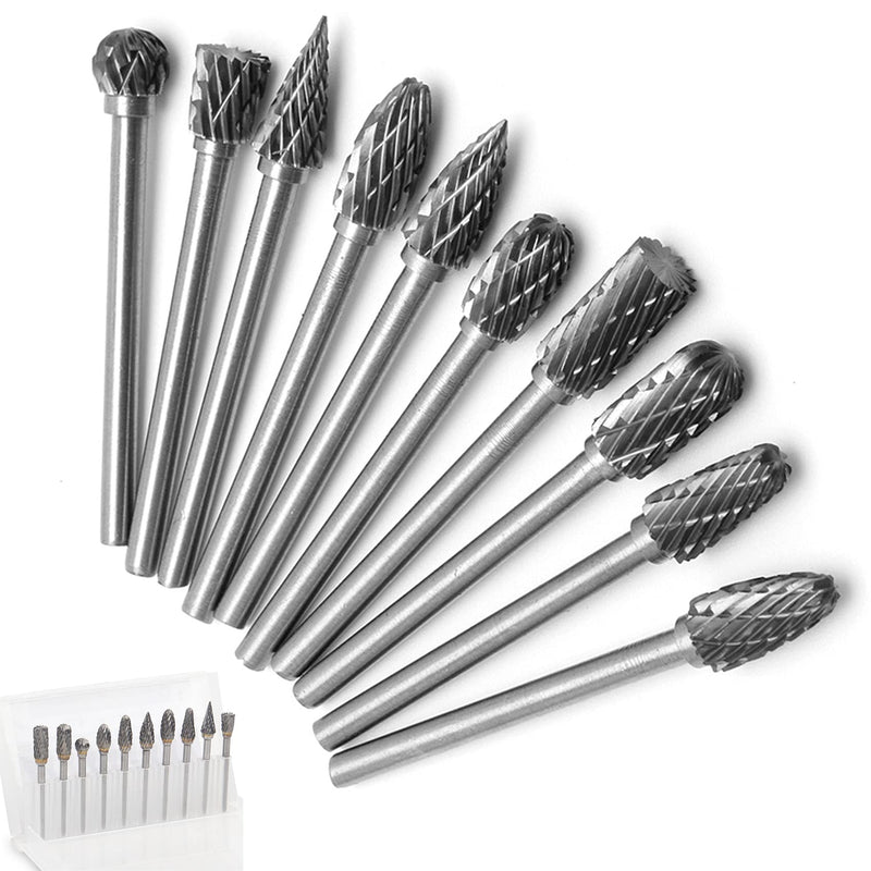 Double Cut Tungsten Carbide Rotary Burr for Woodworking 10pcs Set Metal Carving Drilling Polishing Bits with 3mm about 1/8" Shank and 1/4"(6.35mm) Head Dia for Die Grinder Muye - LeoForward Australia