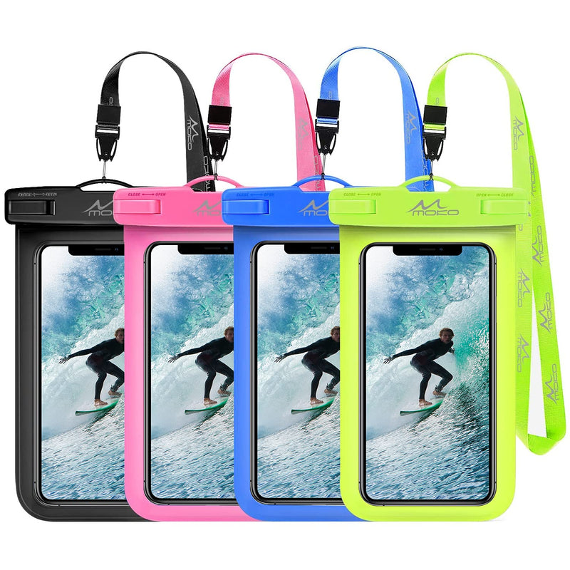  [AUSTRALIA] - MoKo Waterproof Phone Pouch Holder [4 Pack], Underwater Phone Case Dry Bag with Lanyard Compatible with iPhone 13/13 Pro Max/iPhone 12/12 Pro Max/11 Pro Max, X/Xr/Xs Max, Samsung S21/S10/S9, Note 10 Black+Pink+Dark Blue+Green