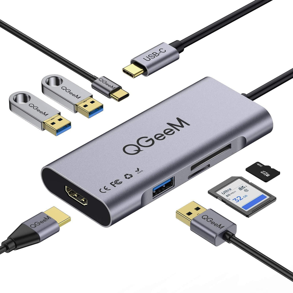 USB C Hub HDMI Adapter,QGeeM 7 in 1 Type C Hub to HDMI 4k,3 USB 3.0 Ports,100W Power Delivery,SD/TF Card Readers Compatible with MacBook Pro 13/15(Thunderbolt 3),2018 Mac Air,Chromebook USB C Adapter Grey - LeoForward Australia