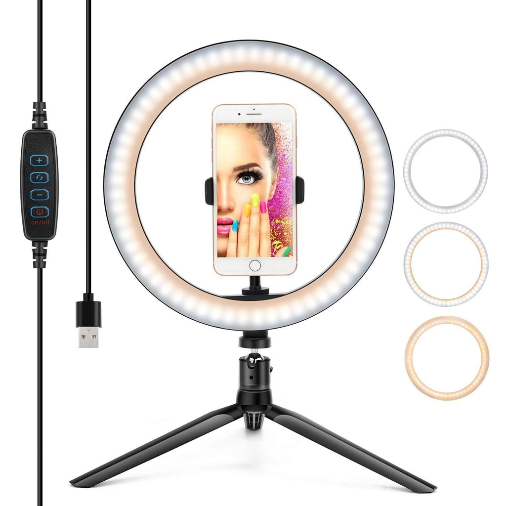 10” Ring Light LED Desktop Selfie Ring Light USB LED Desk Camera Ringlight 3 Colors Light with Tripod Stand iPhone Cell Phone Holder and Remote Control for Photography Makeup Live Streaming - LeoForward Australia